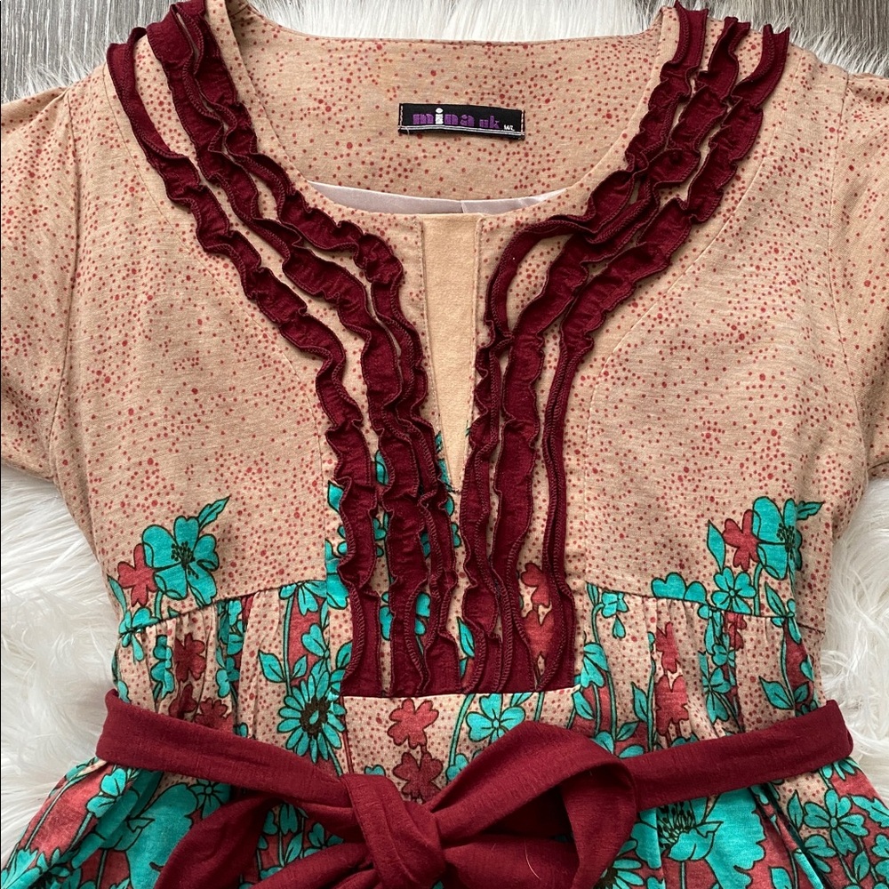 Mina UK Whimsy Twee 1990s Vintage Floral Patterned Dress with Burgundy Accents - Picture 4 of 8